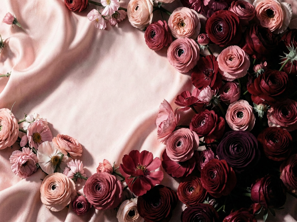 Fleurs roses et bordeaux sur un drapé satiné